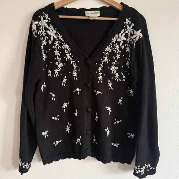 Victoria's Secret Sweaters - Vintage Victoria Sport Floral Embroidered Pearl Cottagecore Ramie Cardigan Small